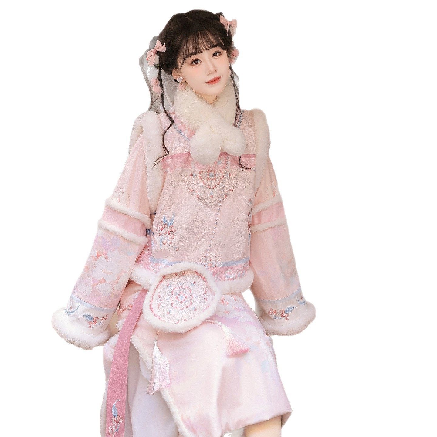 正版授权原创【粉桃桃】新中式改良汉服冬季加绒马甲蛋糕裙套装,淘宝优惠券,粉丝福利购,淘宝优惠卷