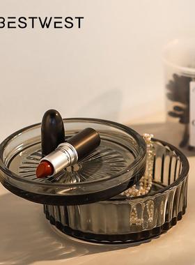 博西家居 简约现代两体带盖玻璃水果盘厨房收纳盒摆件茶几干果盘