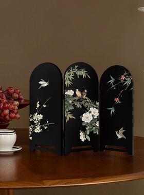 木质屏风摆画中古风花鸟装饰画美学复古风法式玄关柜电视柜摆件