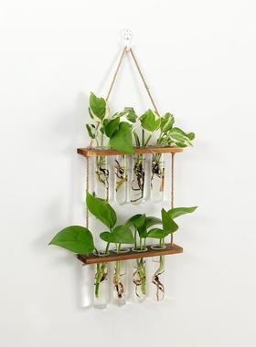 北欧创意实木水培试管玻璃壁挂墙面装饰花瓶家居植物悬挂壁饰容器
