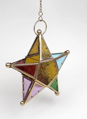 严选摩洛哥铁艺彩玻风灯蜡烛台花园露台摆件家居装饰品金属五角星