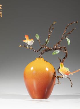 铜金岁月春意盎然黄铜花瓶小鸟摆件喜鹊花瓶铜工艺品客厅玄关装饰