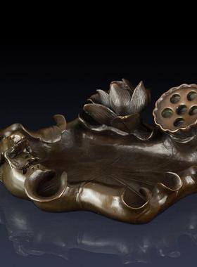 纯黄铜荷叶香炉摆件家居办公室书房客厅铜烟灰缸收纳工艺礼品摆件