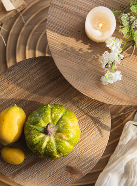 实木圆形底座复古田园雕刻工艺品摆件原木托架茶盘果盘香薰托盘