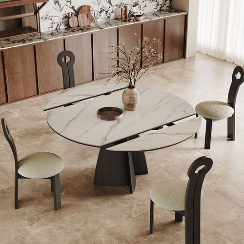 奥古斯特婉然意式极简黑色实木餐桌方圆两用可伸缩岩板餐桌圆形 - 图1