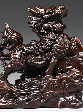 黑檀木雕麒麟摆件一对木头家用家居玄关桌面装饰品开业送礼工艺品