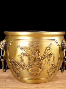 宏达 全黄铜加厚浮雕狮头缸三阳开泰麒麟纳福玄关吉祥铜缸摆件