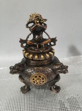 做旧藏传护法铜器香薰炉摆件古玩收藏家用摆设鎏金铜香炉工艺