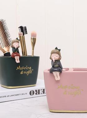 如果 创意梳妆台卡通少女心笔刷置物盒 浴室牙刷收纳盒装饰摆件