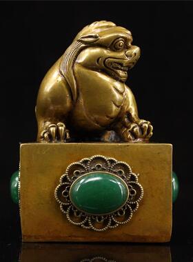 仿古做旧黄铜貔貅印章手工打造镶嵌宝石家居办公工艺品收藏摆件