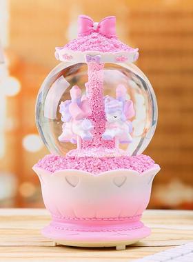 新品旋转木马花样年华创意发光发亮音乐盒玻璃水球房间装饰品摆件