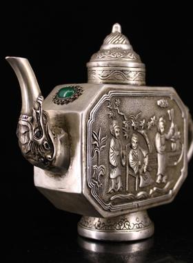 古玩收藏仿古铜手工打造镶嵌宝石鎏银人物酒壶家居装饰工艺品