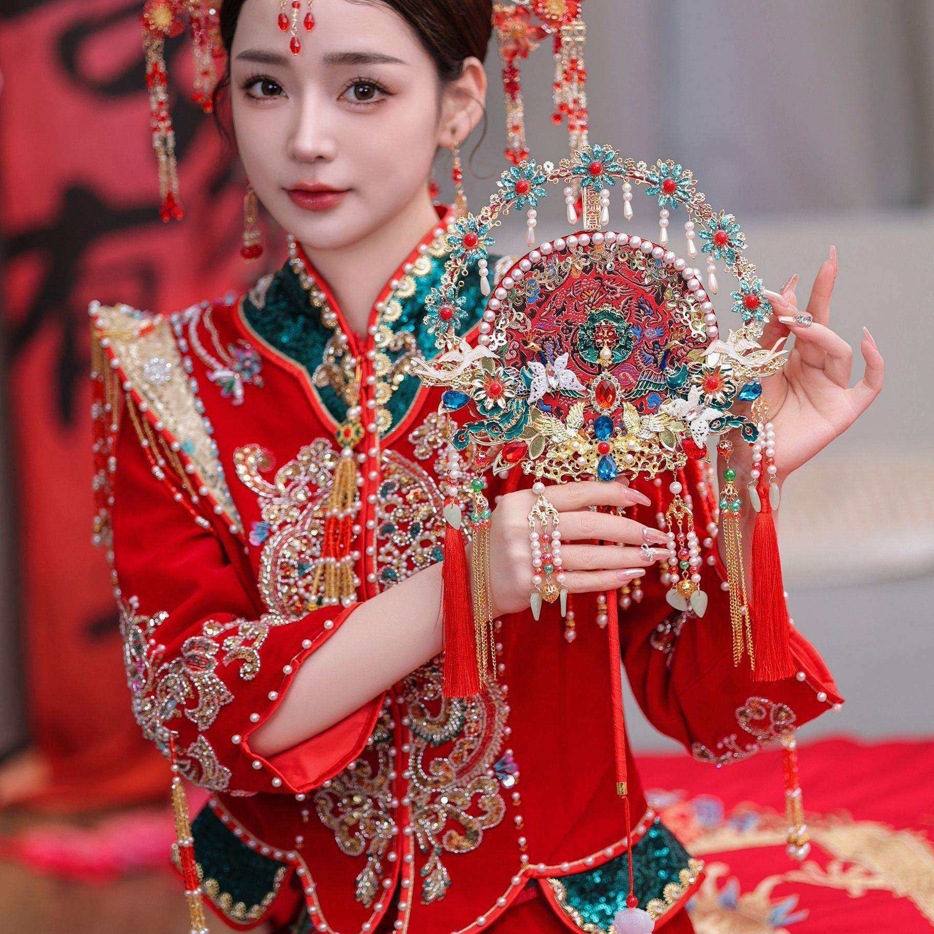 红色蕾丝新娘结婚秀禾服团扇新中式双面成品遮面金色成品喜扇团扇,淘宝优惠券,粉丝福利购,淘宝优惠卷