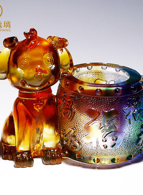 十二生肖琉璃笔筒办公室水晶装饰小摆件鼠牛虎兔龙蛇马羊猴鸡狗猪