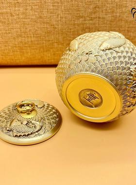 黄铜百福缸茶叶罐带盖茶道茶具桌面摆件锦鲤储物罐聚宝盆客厅摆件
