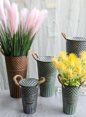 复古做旧花桶家居装饰插花桶干花落地摆放花瓶铁艺干花桶抱抱桶