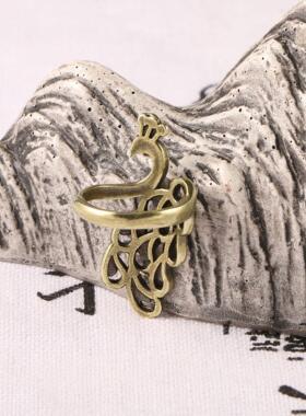 外贸古玩铜器古铜女士戒指复古开口孔雀开屏黄铜饰品食指指环