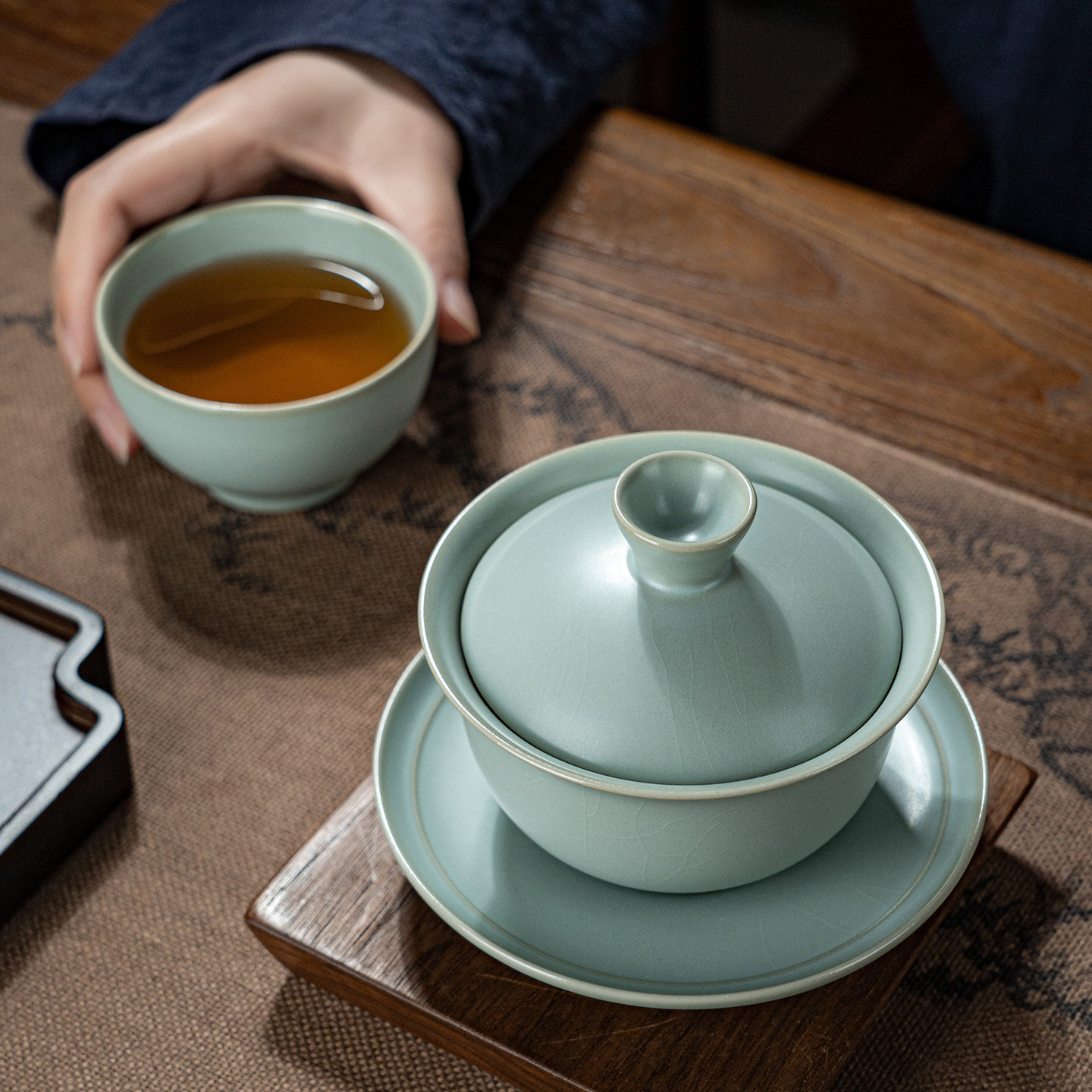 汝窑三才盖碗茶杯套装景德镇家用泡茶碗陶瓷功夫茶具汝瓷礼品青瓷,淘宝优惠券,粉丝福利购,淘宝优惠卷