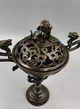 仿古收藏铜香炉熏香炉摆件古玩铜器梅兰竹菊双龙耳狮盖熏香炉摆设