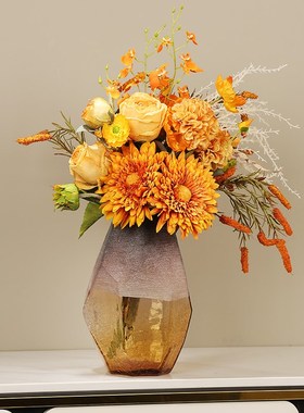 雾面磨砂冰裂纹玻璃花瓶摆件现代琉璃花器复古插花客厅干花装饰品