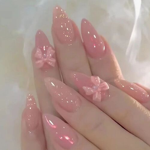 24Pcs Peach Blossom Fake Nails Press on Almond False Nails R - 图0