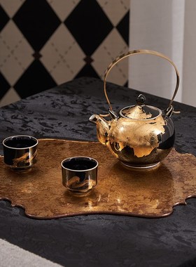 现代中式金色茶盘茶具装客厅茶室茶几上软装陈列摆件高级感饰品