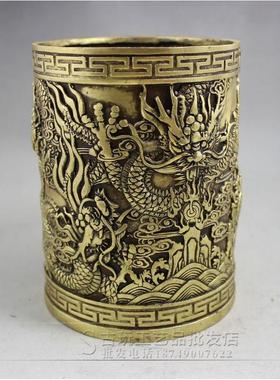 古玩收藏铜器工艺品黄铜雕刻御天五龙头文房四宝笔筒摆件