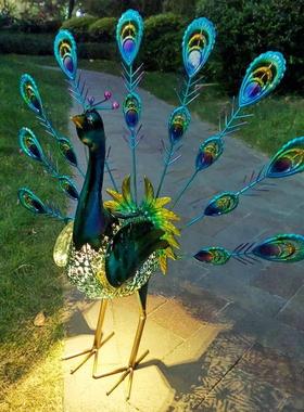 室外造景道具装饰太阳能灯闪烁花园户外铁艺动物摆件雕塑孔雀开屏