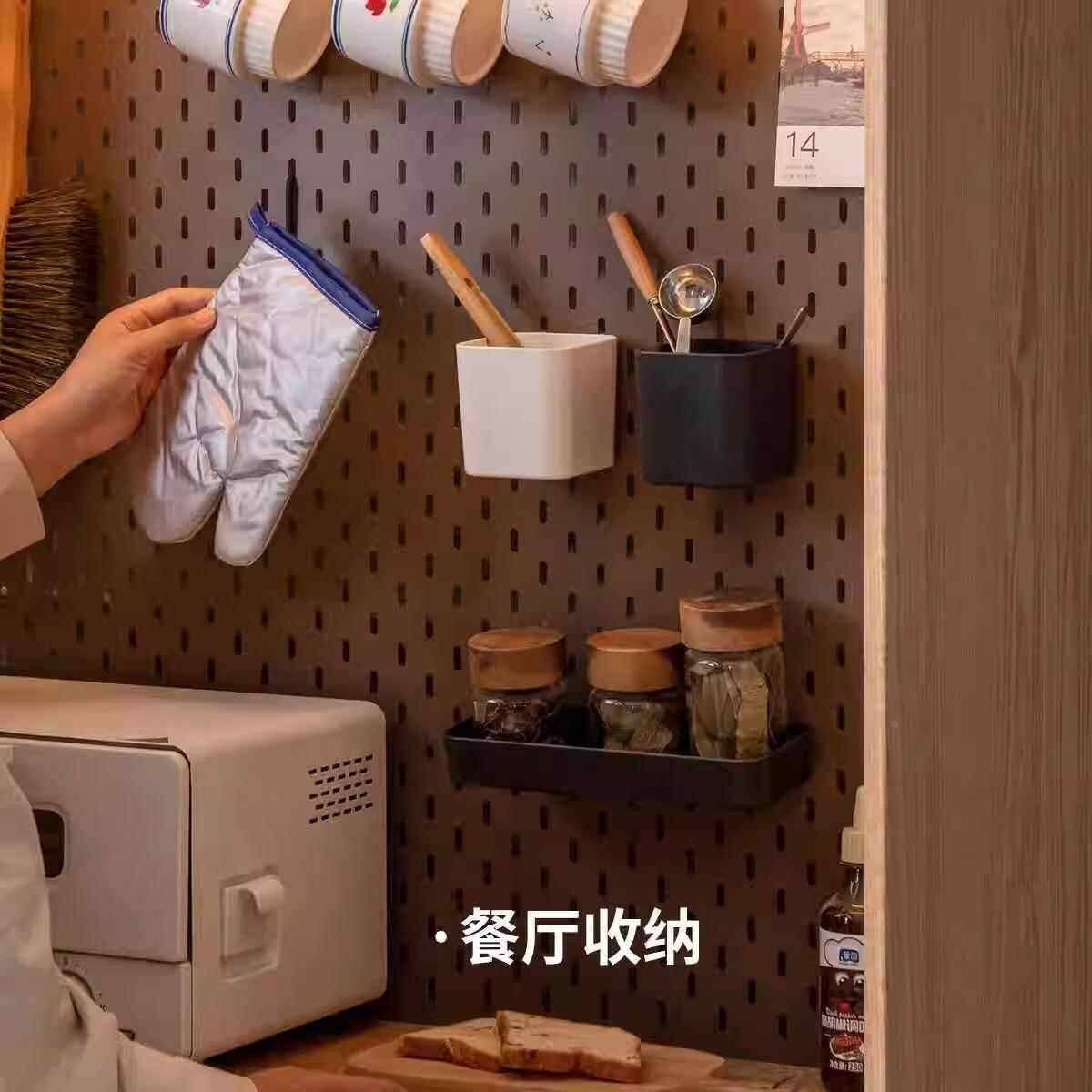 Perforated board accessories Genji wood sideboard two black wood hook storage box kitchen hanging storage rack