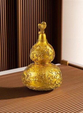 纯黄铜葫芦摆件龙戏珠开口葫芦客厅办公桌面玄关酒柜招财装饰品