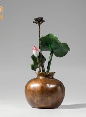 铜金岁月出水芙蓉荷花黄铜摆件荷叶花艺铜摆件家居客厅彩铜工艺品