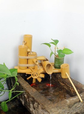 流水石槽竹子摆件 鱼缸造景 水轮水车加湿器 鱼缸流水