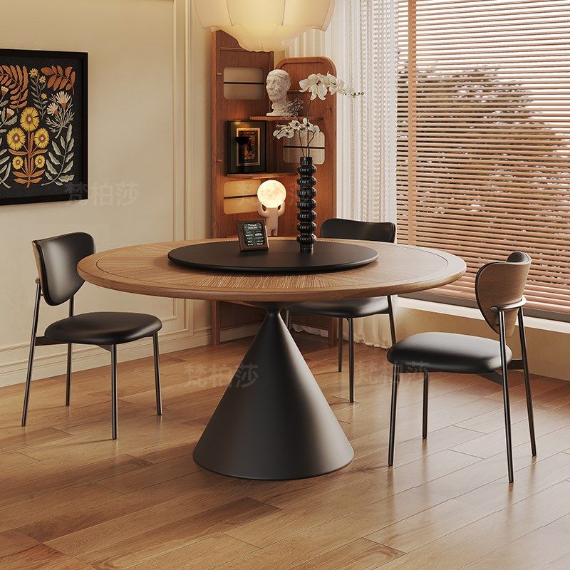 中古风圆桌实木纹理圆形岩板餐桌法式复古奶油家用高端带转盘饭桌,淘宝优惠券,粉丝福利购,淘宝优惠卷