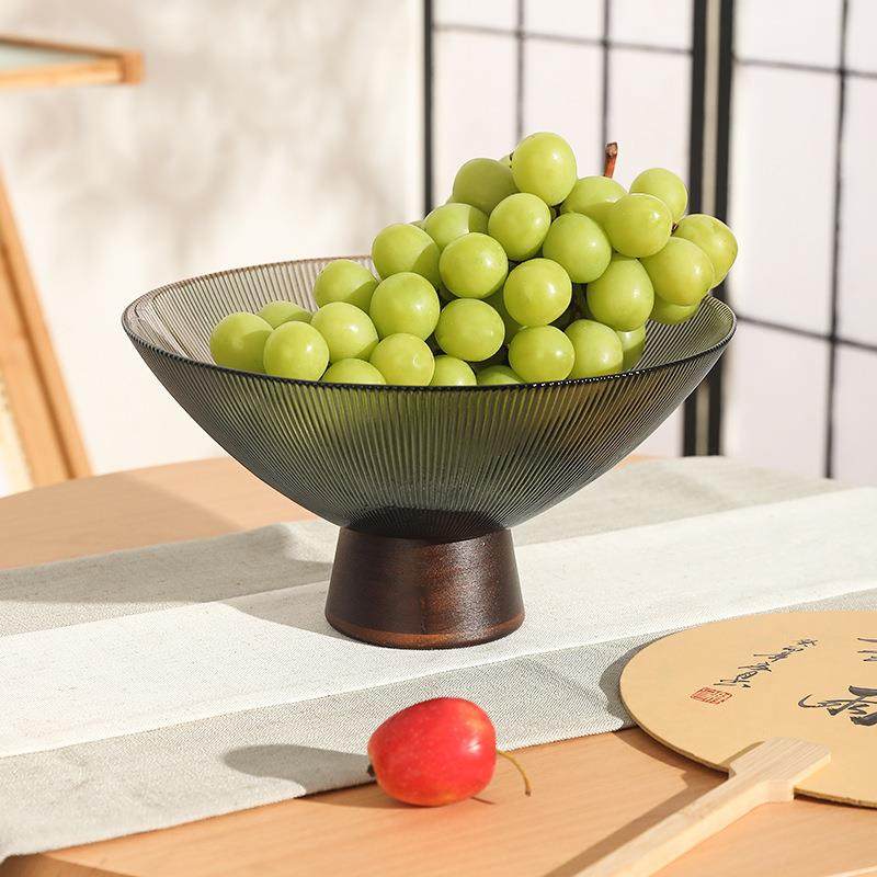 新款复古实木底座高脚玻璃水果盘中式家用客厅茶几果盆高档摆件,淘宝优惠券,粉丝福利购,淘宝优惠卷