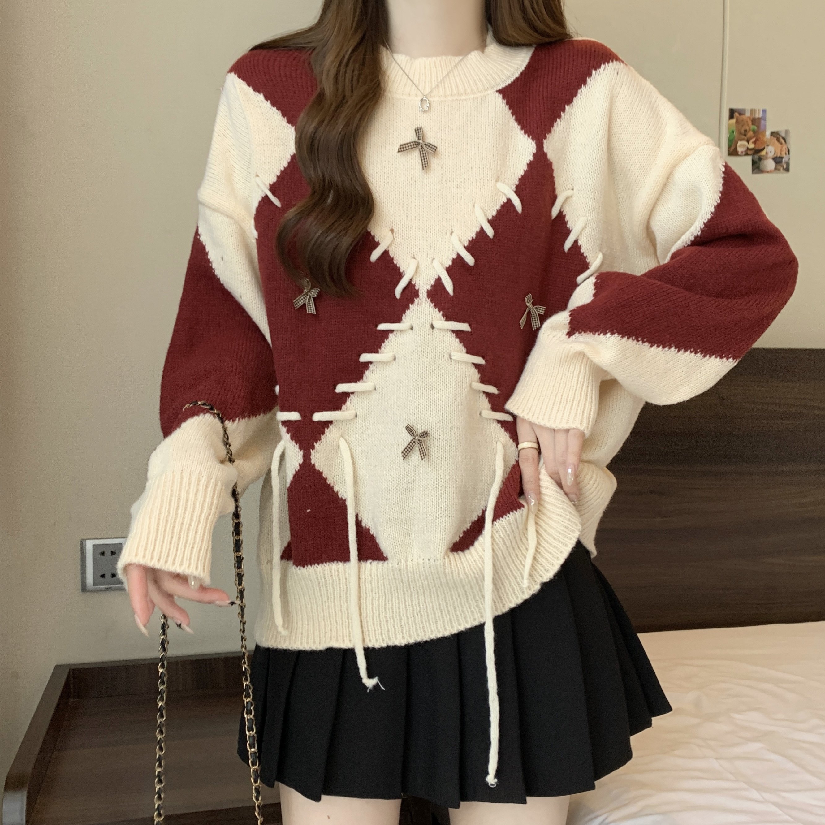 实拍秋冬季新款大码复古宽松撞色针织套头毛衣女,淘宝优惠券,粉丝福利购,淘宝优惠卷