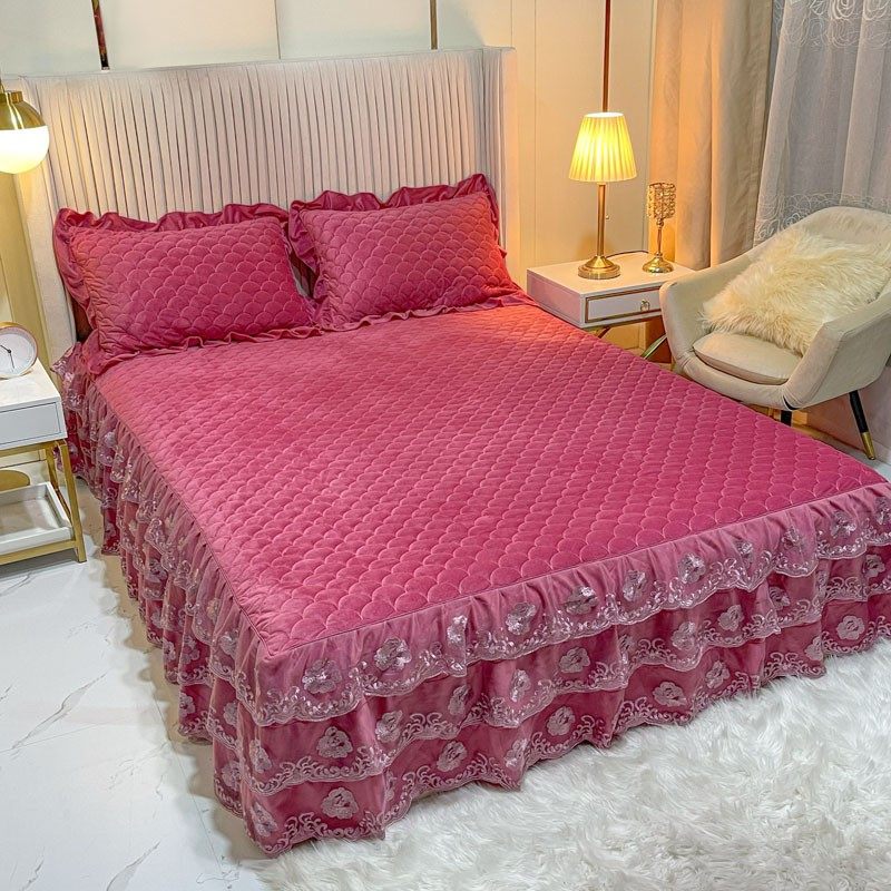 欧式纯色水晶绒夹棉蕾丝床裙单件珊瑚绒短毛绒加厚床罩三件防滑,淘宝优惠券,粉丝福利购,淘宝优惠卷