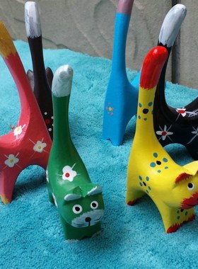 欧式彩绘纯手工木质磨削竖尾小猫件 家居桌面摆件儿童房装饰