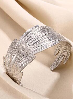 Silver Color Leaf Wide Cuff Bangles For Women Stainless Stee