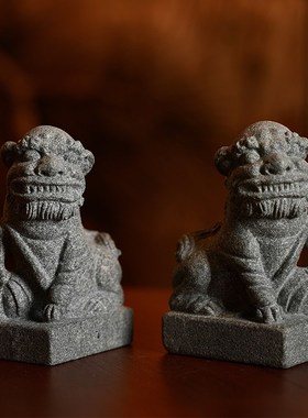 尚古石器狮子摆件一对石头大小号中式家居书房办公装饰品工艺礼品