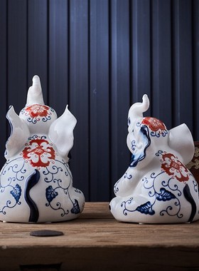 客庄摆件陶动物工艺品礼品摆件家居客厅电视柜装饰品大象瓷陶新中