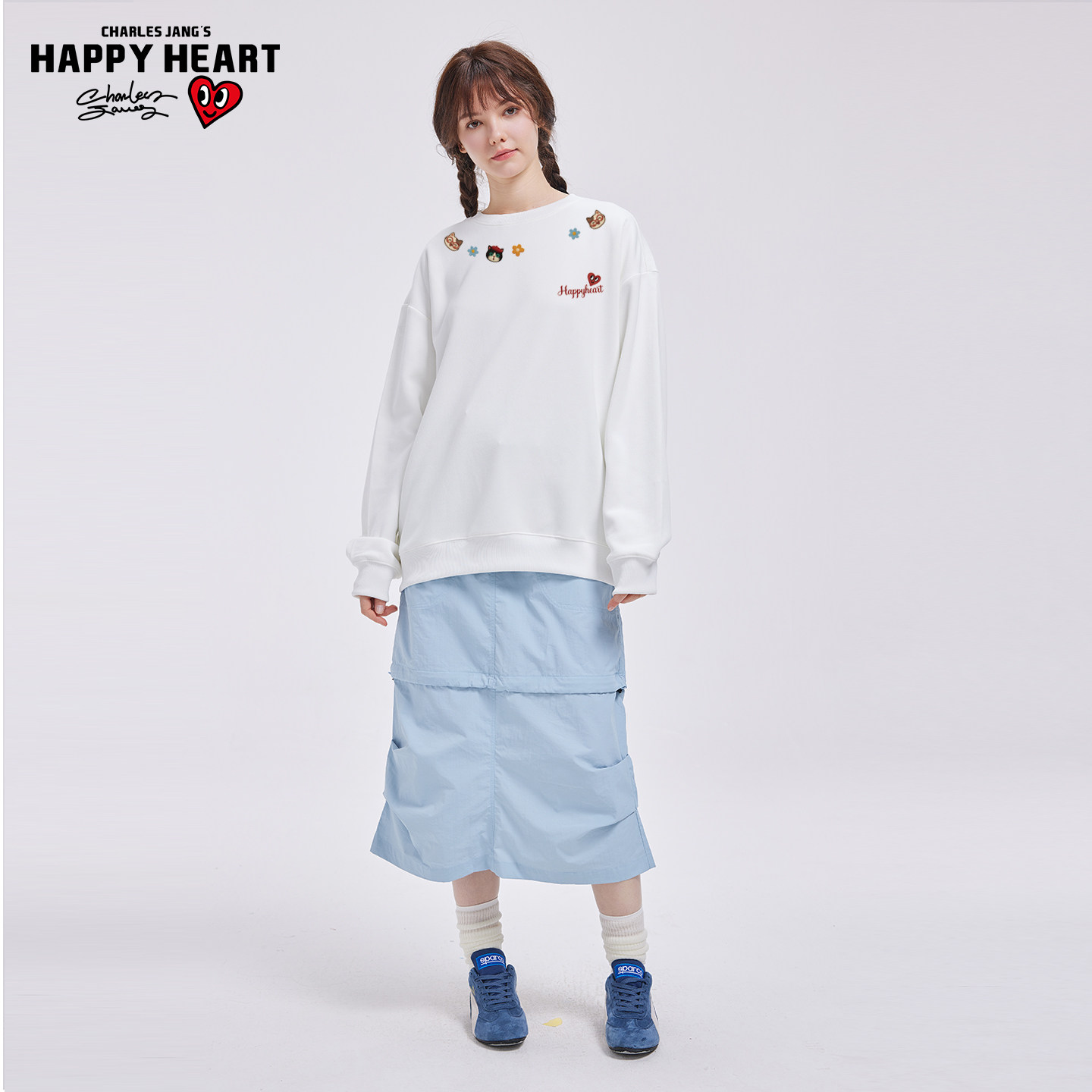 【王楚然代言】查尔斯桃心小猫花朵印花圆领卫衣男女春上新情侣款