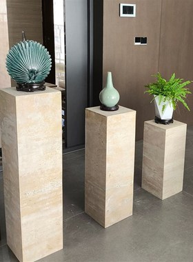 大理石天然洞石底座摆台酒店别墅装饰摆件底座石柱雕塑台高端定制