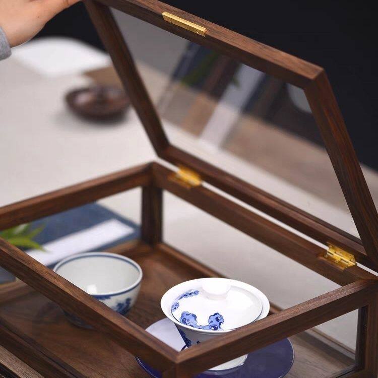 Walnut tea set display box storage tea cup five-sided transparent glass storage rack new desktop solid wood large capacity