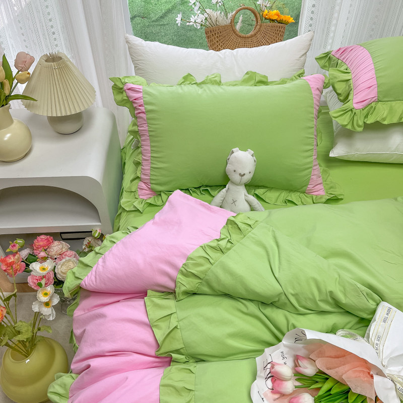 小森系夏日绿粉色纯水洗棉夏被四件拼接花边大豆空调被薄被凉感,淘宝优惠券,粉丝福利购,淘宝优惠卷