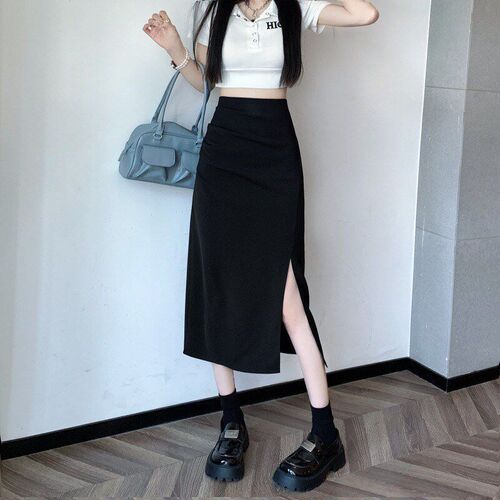 High Waist Drape Skirt Retro Slit MidLength Skirt for Petite - 图3