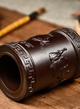 黑檀木雕五牛图笔筒摆件办公室桌面创意中式实木雕刻红木质工艺品