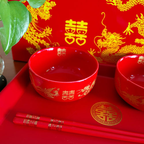 结婚龙凤喜碗陶瓷红筷子喜勺新婚礼盒套装女方新娘陪嫁送礼喜庆事 - 图2
