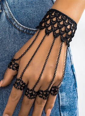 Creative Vintage Black Lace Finger Wrist Chain Rings Bracele