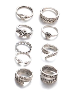 Bohemian Carved Leaves 9 Piece Knuckle Ring Set Women