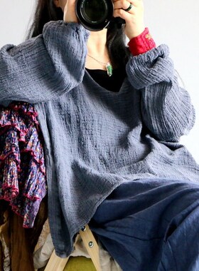 Women Loose Rough Cotton Linen Thin Sunscreen Tops Shirt Lad